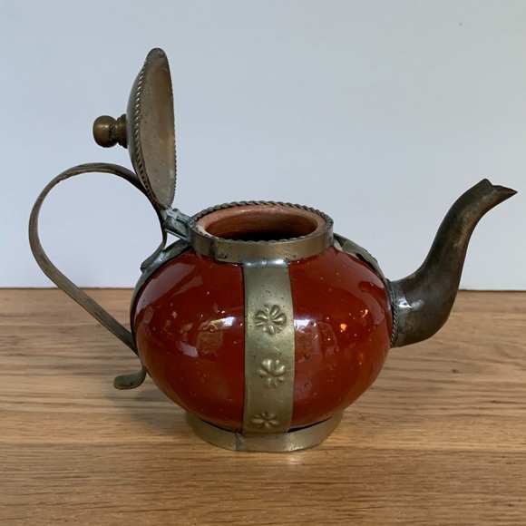VTG Mini Teapot Moroccan Brass Ceramic Boho Decor Tea Kettle Bohemian - Picture 2 of 5